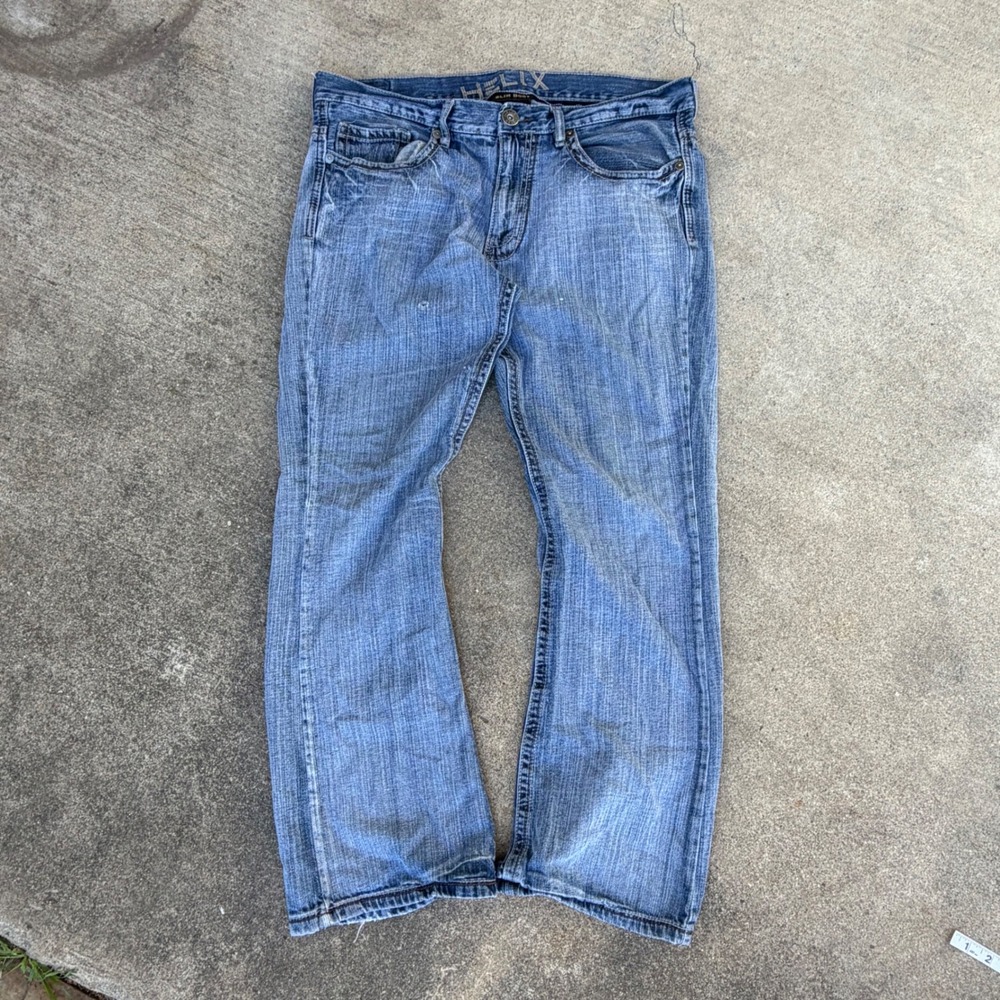 Helix Mens Slim Boot Cut Jeans Medium Wash Blue Denim 36x30 Embroidered Pockets